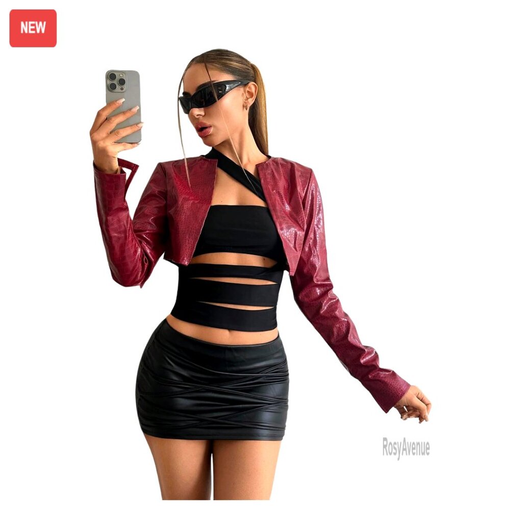 Faux Leather Crop Moto Jacket Open Front Long Sleeve Streetwear Outerwear